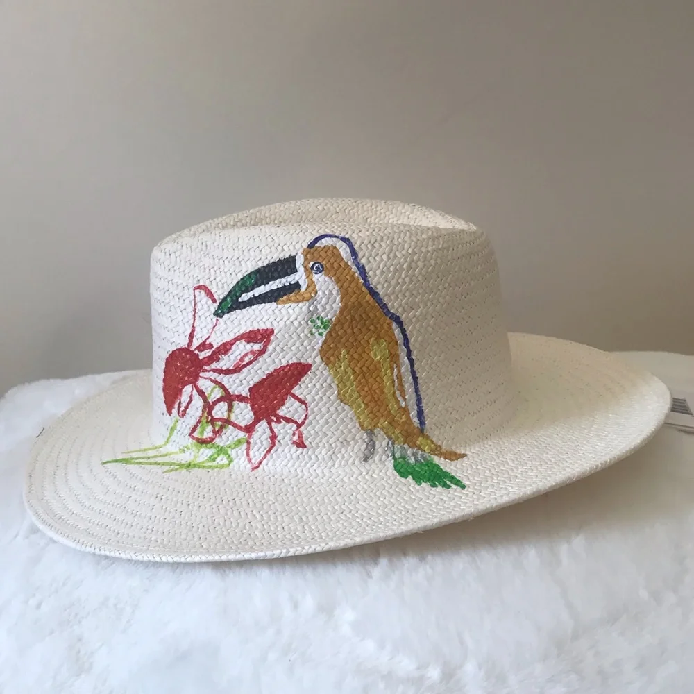 Onia Rosa Panama Hat w Hand Painted Toucan & Flower Detail Limited Edition NWT